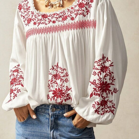 Boho Women's Bohemian Color Woven Embroidery Casual Blouse - Picture 5 of 7